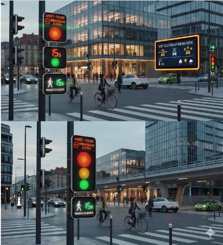 Projection ADEFIM d'un carrefour équipé de feux de signalisation intelligents : affichage de l'état de la circulation, alerte embouteillage à 200m, décompte du temps et message de traversée en sécurité pour les piétons et cyclistes.